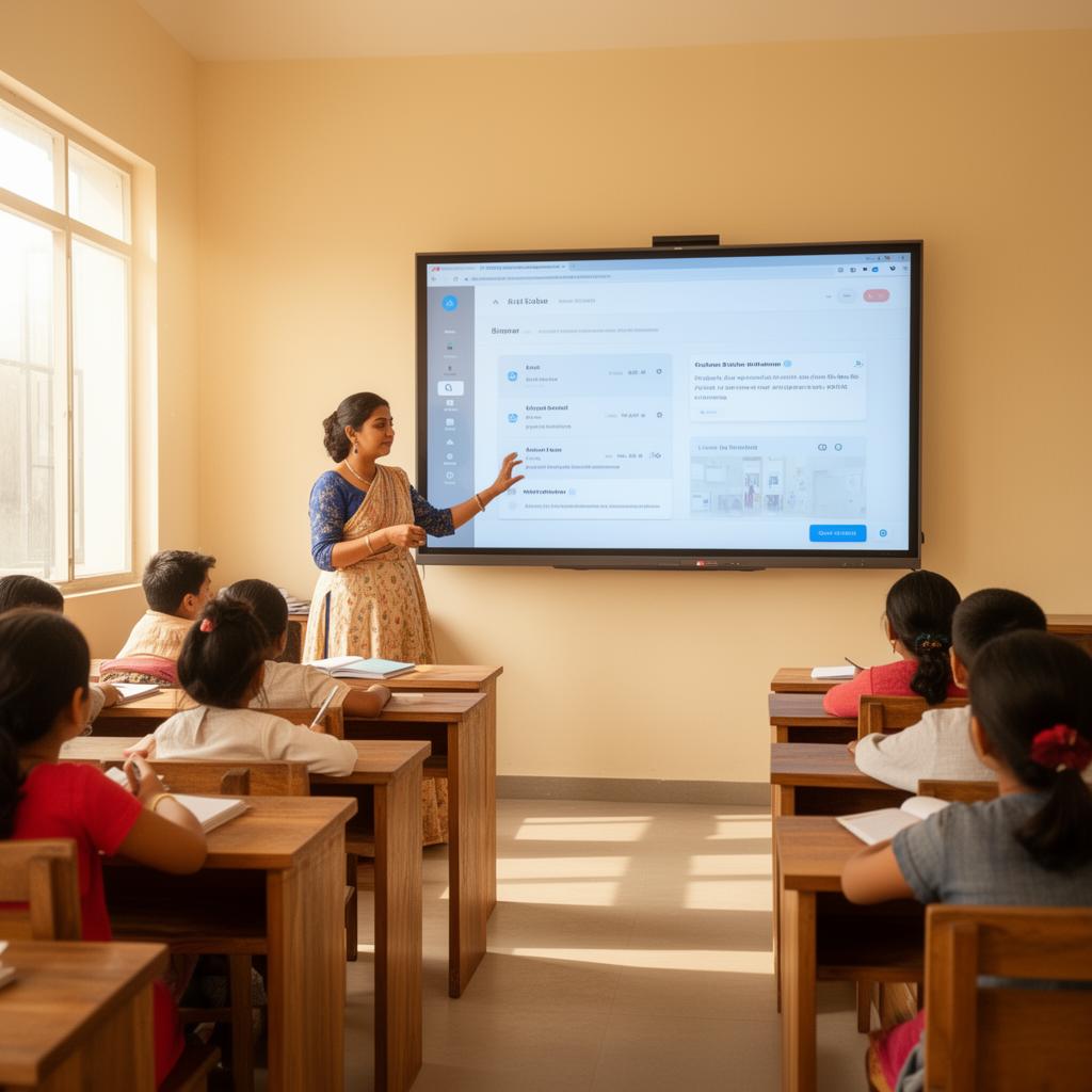 A teacher leading a lesson with students in a sunlit classroom